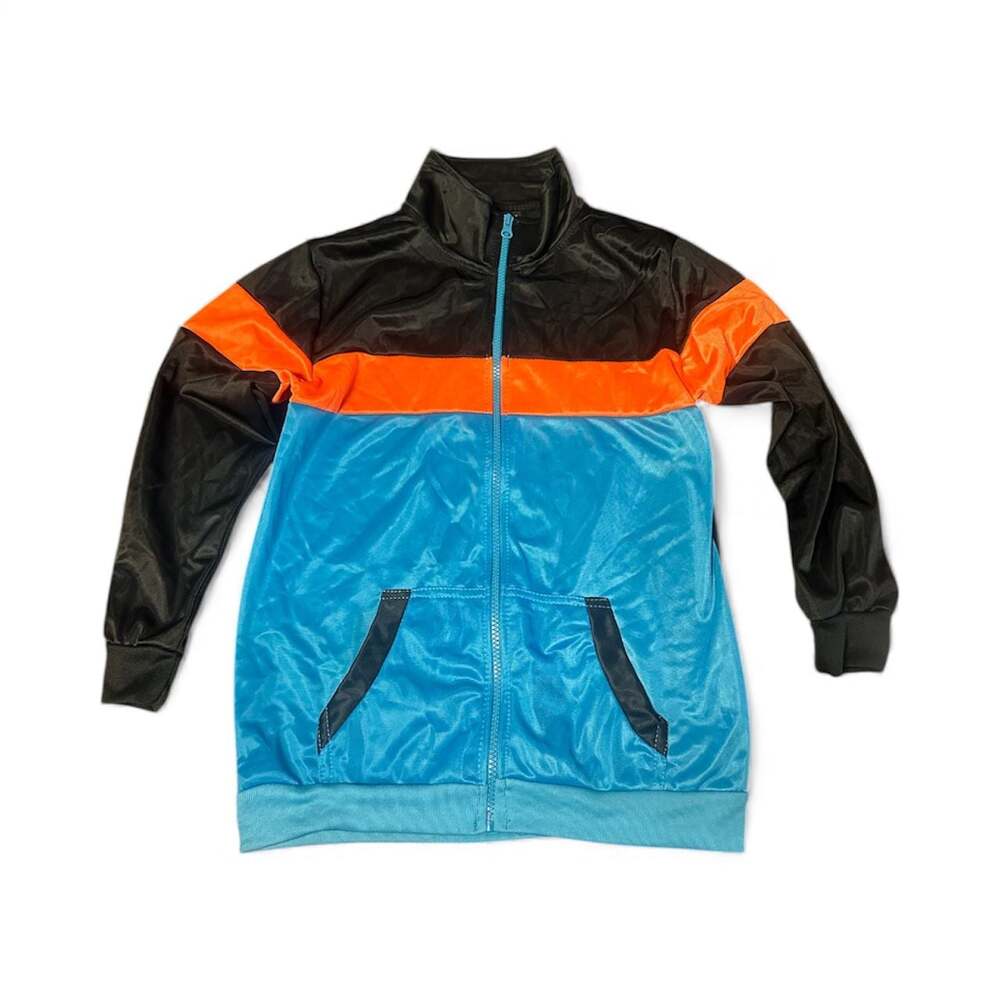 Old Skool Track Jacket, Black Orange Blue Colorblock Zip-Up Retro 90s Style